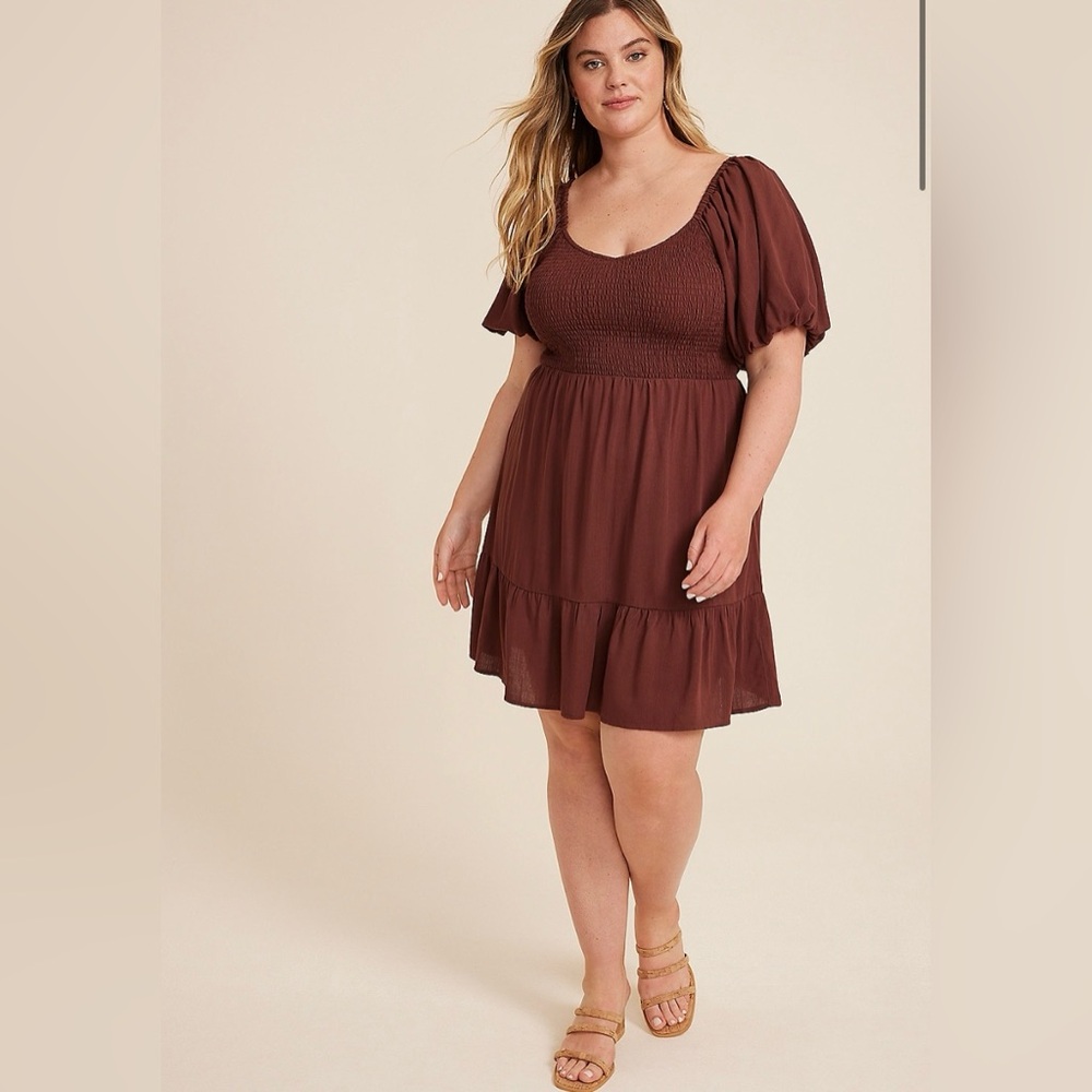 NWT Sweetheart Smocked Bubble Sleeve Mini Dress Brown Boho Maurices Plus Size 2x - Picture 3 of 8